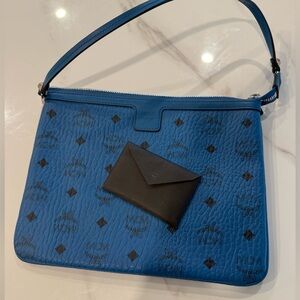 MCM Monogram Visetos Blue Liz Clutch Shoulder Bag